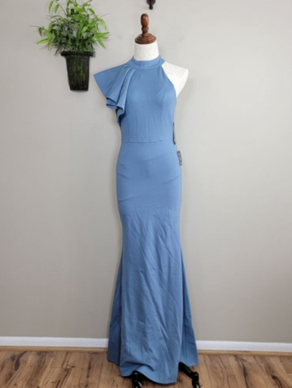 NEW Lulu's Margaux Maxi One Shoulder Dress Ruffle Mock Neck Mermaid Slate Blue S